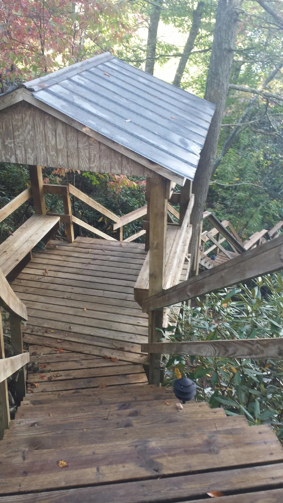 Metal roofed shelter over wooden steps on a wooded walkway — Skylight Repair & Installation work by our crew in Fielding